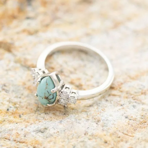 Zircon silver Faux Turquoise Boho White western nordic ring 3 piece set stackabt - Picture 5 of 5